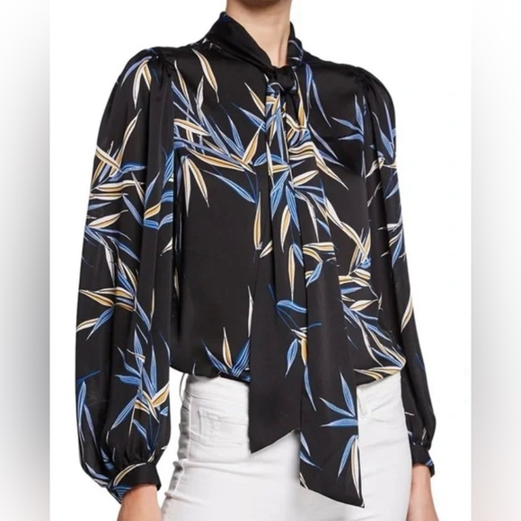 Equipment Cleone Tie Neck Black Printed Satin Blouse - Picture 1 of 10